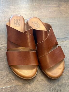 Miz Mooz Cognac Brown Leather Crossover Slide Sandals